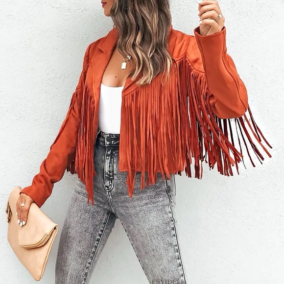 Orange Boho Tassel faux suede women fringe jacket long sleeve jacket - Picture 8 of 11